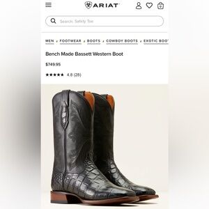 Ariat Bench Made Bassett American Alligator Exotic Handmade Western Boots 10D